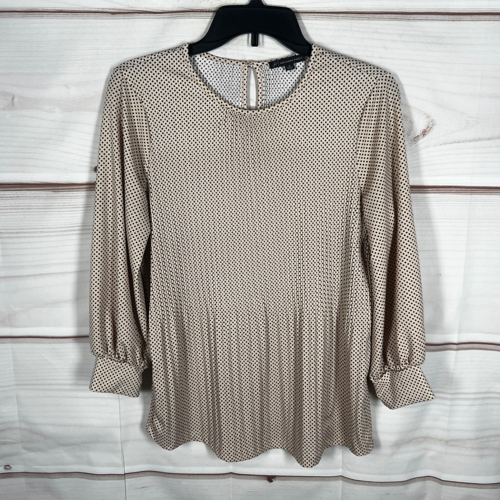 Adrianna Papell Polka Dot Blouse Women Size S Pink Black Pleated 3/4 Sleeve Knit